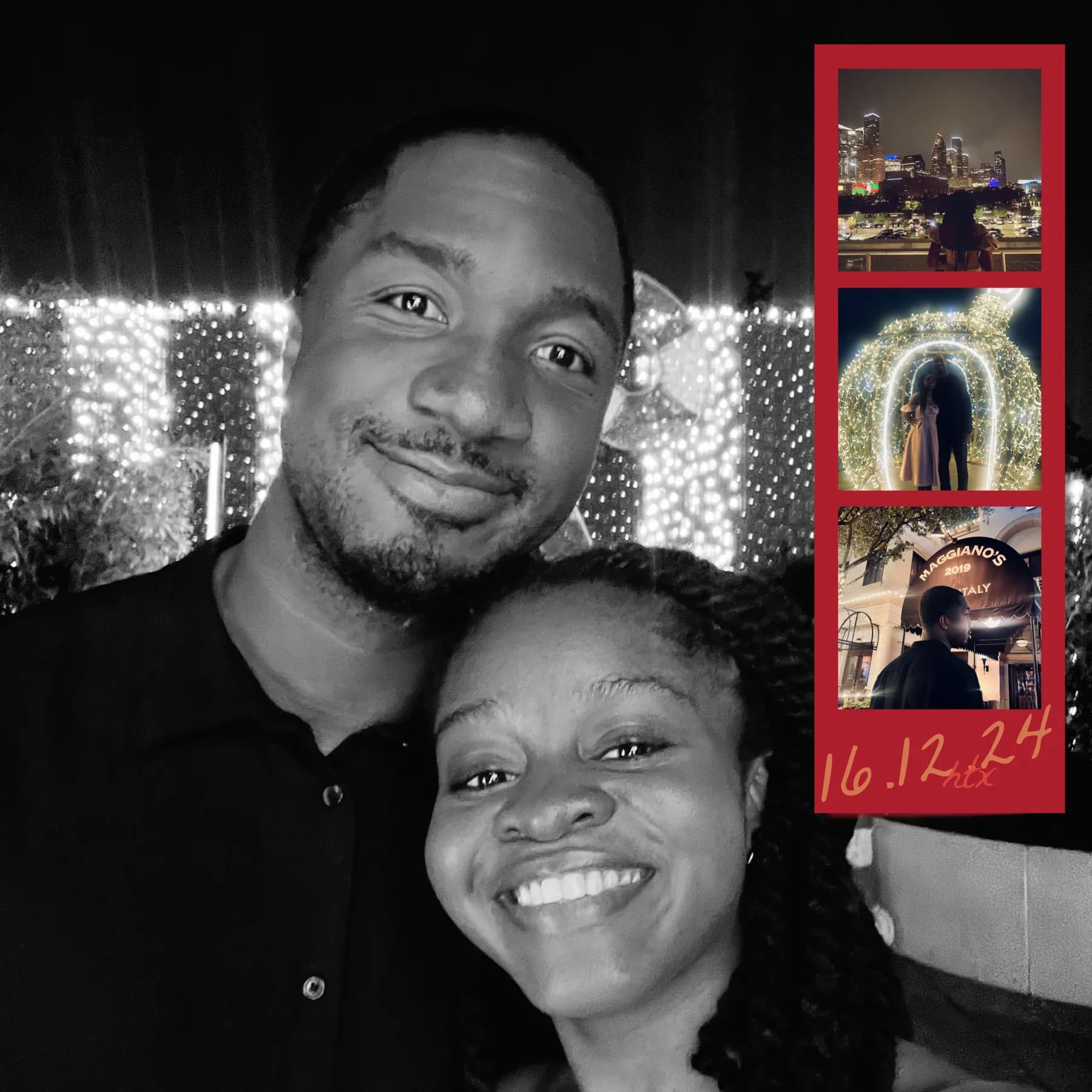 A selfie of Jeremy and Afriyie in front of fairy lights, beside a photo strip